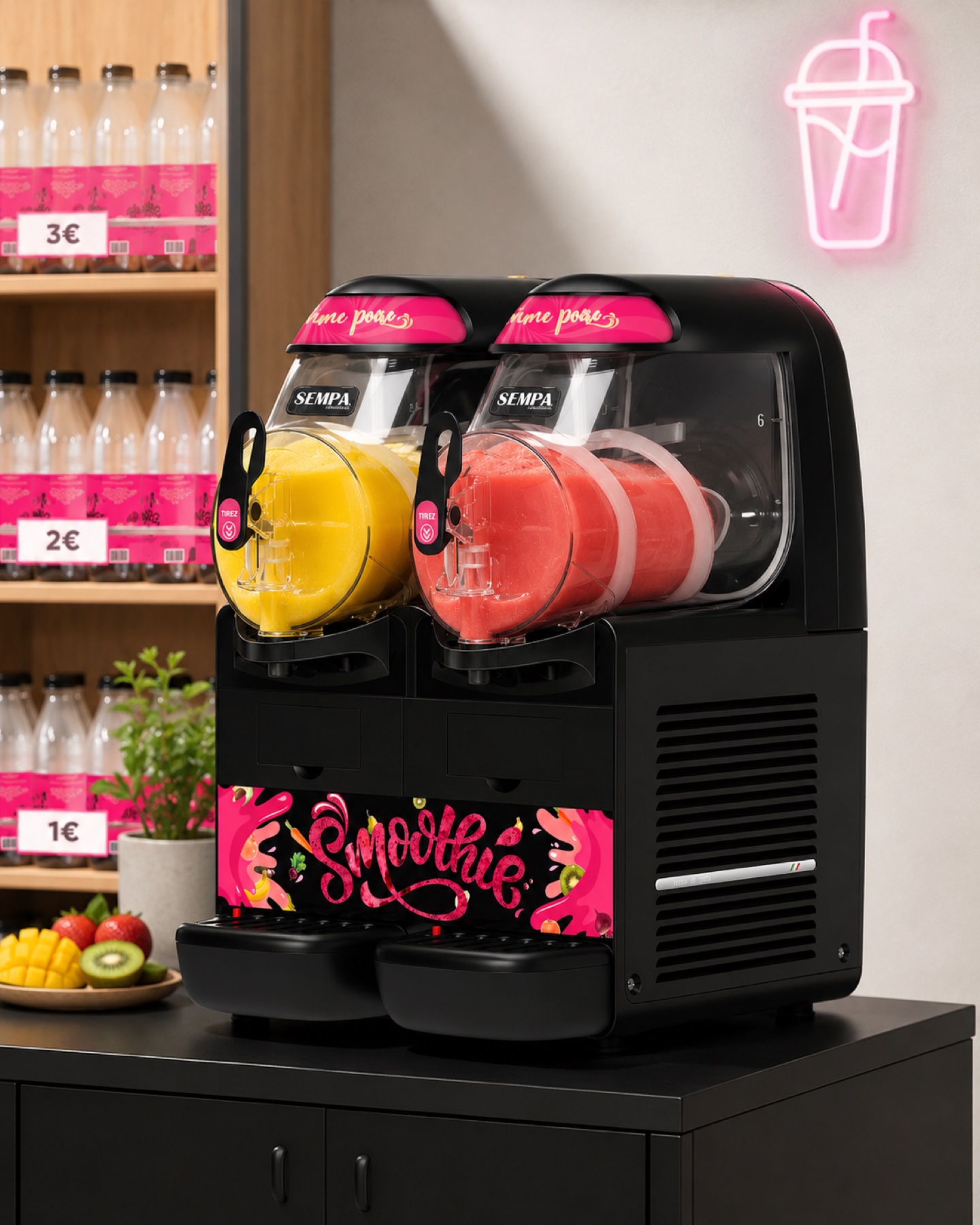 SML 126 installée en point de vente avec deux cuves remplies et offre bouteille visible