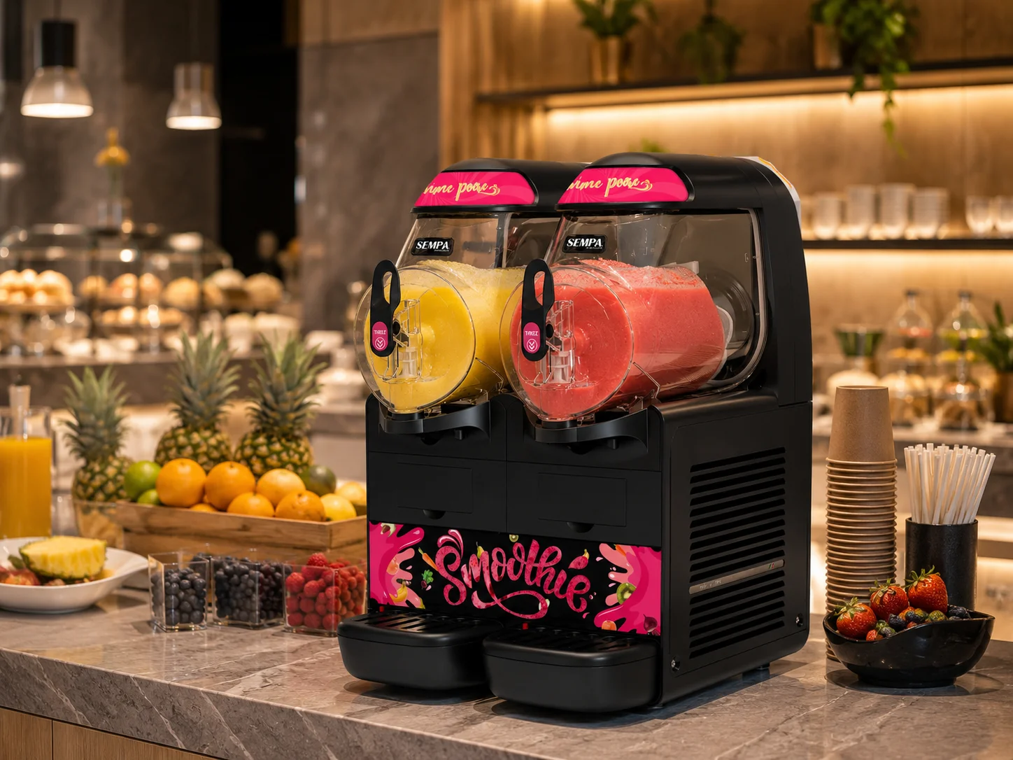 SML 126 installée sur un comptoir professionnel avec deux recettes smoothie