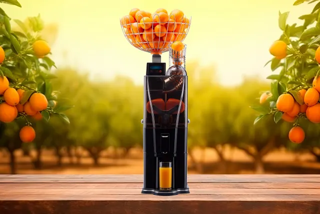 Presse-agrumes compact SEMPA avec panier d’oranges et verre de jus frais